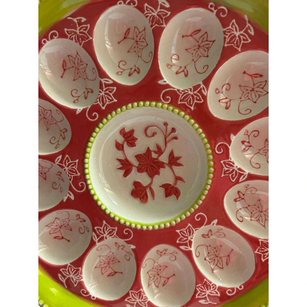 Temp-tations by Tara Deviled Egg Platter Red Lime Green Floral Ceramic 12 Slot